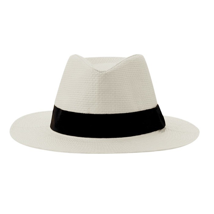 Sombrero blanco de paja de papel con cinta negra personalizable color blanco primera vista Sombrero blanco de paja de papel con cinta negra personalizable color blanco primera vista