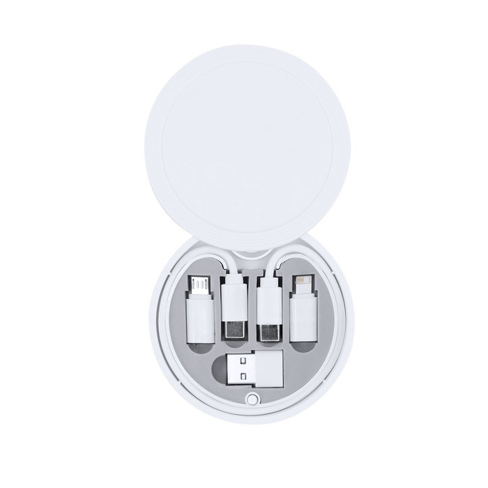 Estuche con mosquetón con distintos cables cargadores dentro color blanco primera vista