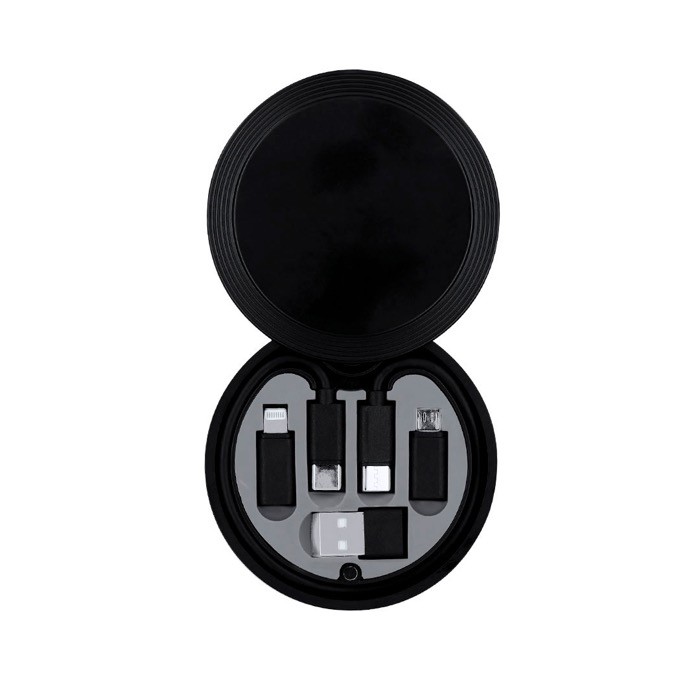 Estuche con mosquetón con distintos cables cargadores dentro color negro primera vista