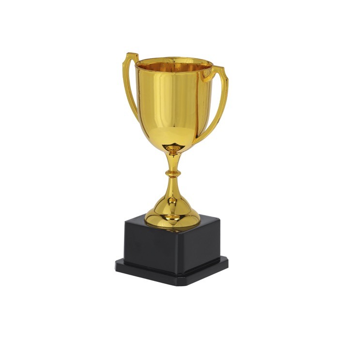 Típico trofeo de color dorado con 2 asas a los costados y base negra