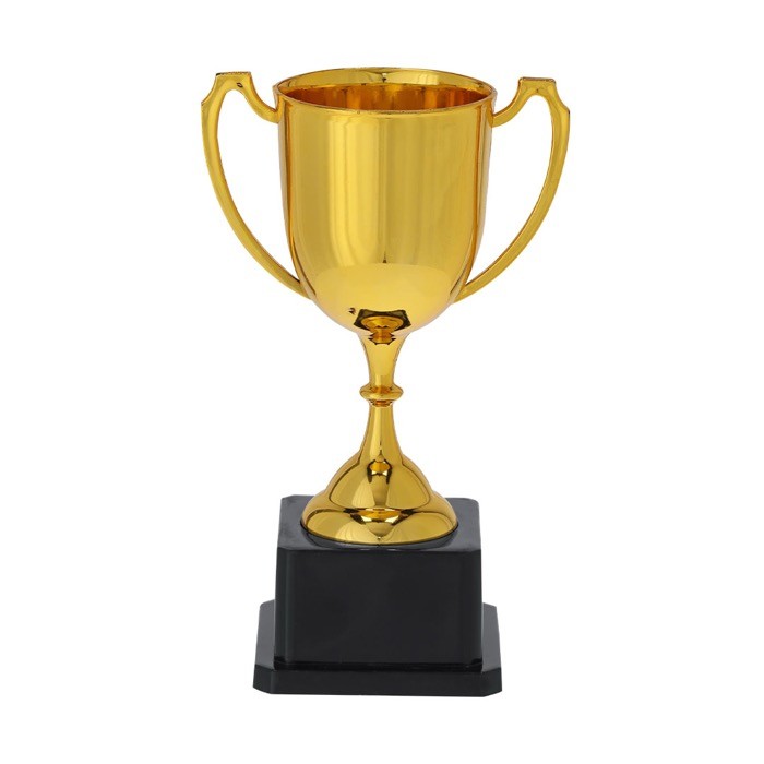 Típico trofeo de color dorado con 2 asas a los costados y base negra color dorado primera vista