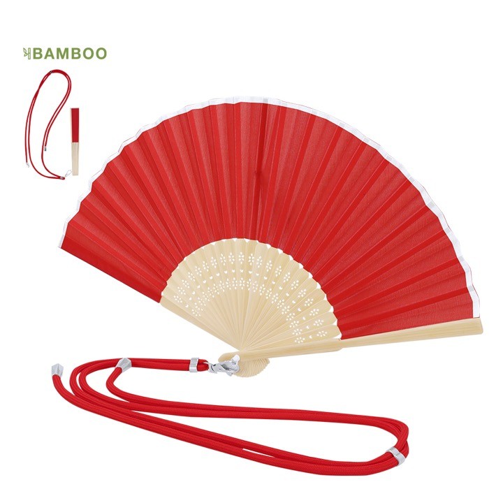 Abanico de poliéster y bambú con cordón a juego para transporte