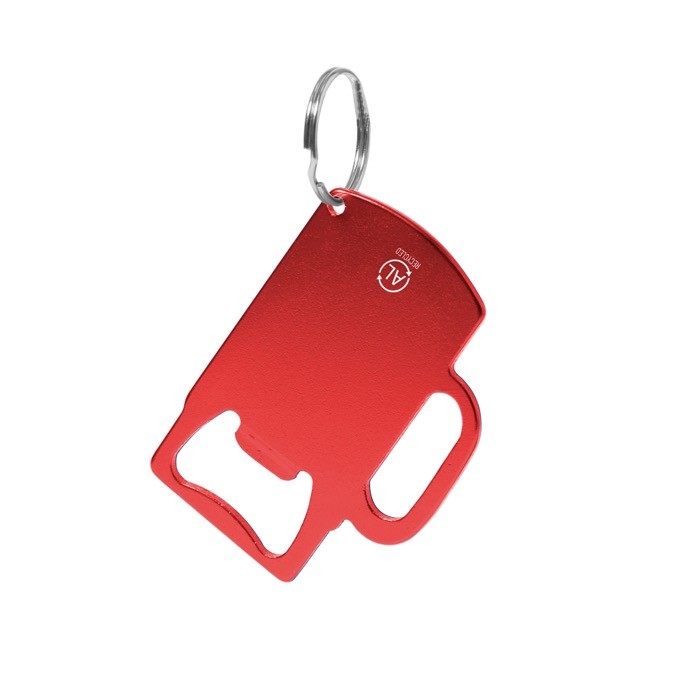 Llavero abridor de aluminio reciclado GRS en forma de jarra color rojo primera vista
