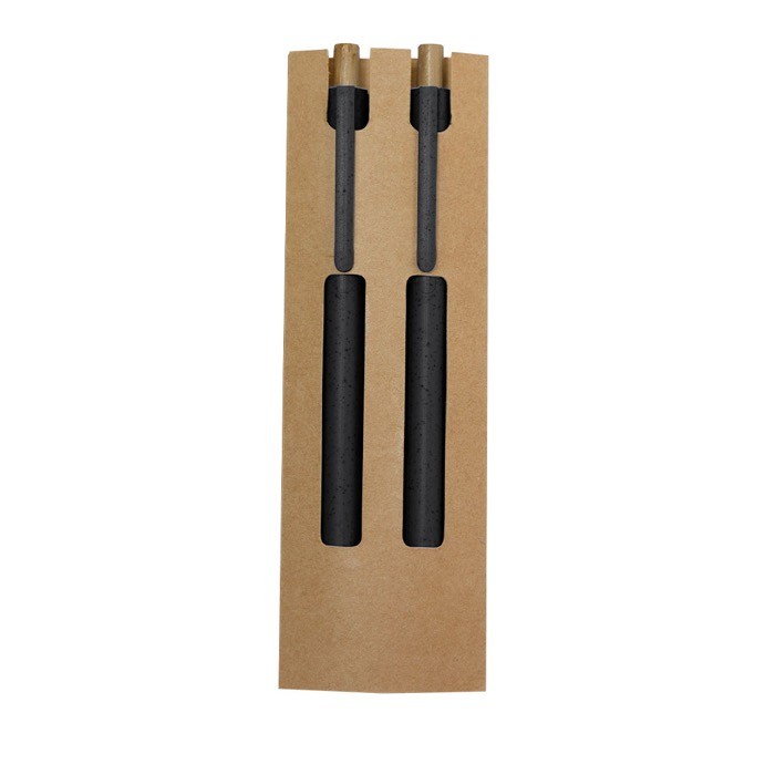 Set de bolígrafo tinta azul y lápiz infinito hechos de caña de trigo color negro primera vista Set de bolígrafo tinta azul y lápiz infinito hechos de caña de trigo color negro primera vista