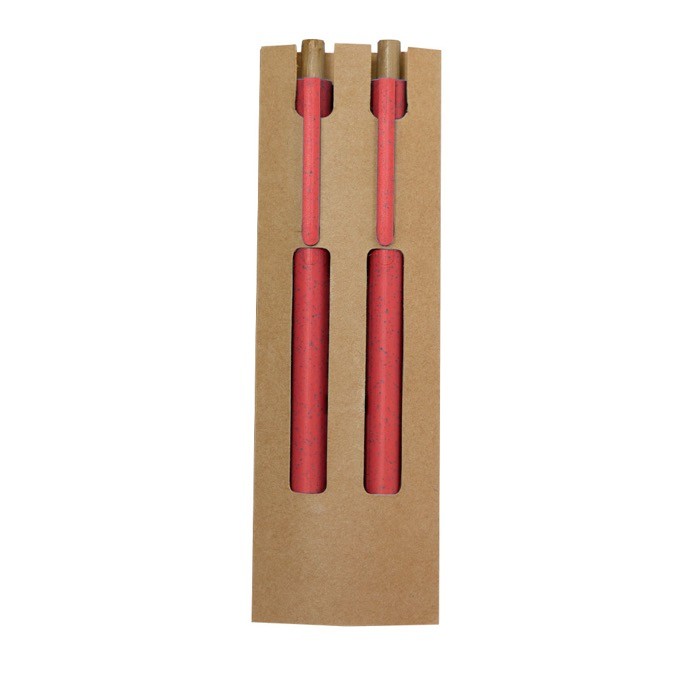 Set de bolígrafo tinta azul y lápiz infinito hechos de caña de trigo color rojo primera vista Set de bolígrafo tinta azul y lápiz infinito hechos de caña de trigo color rojo primera vista