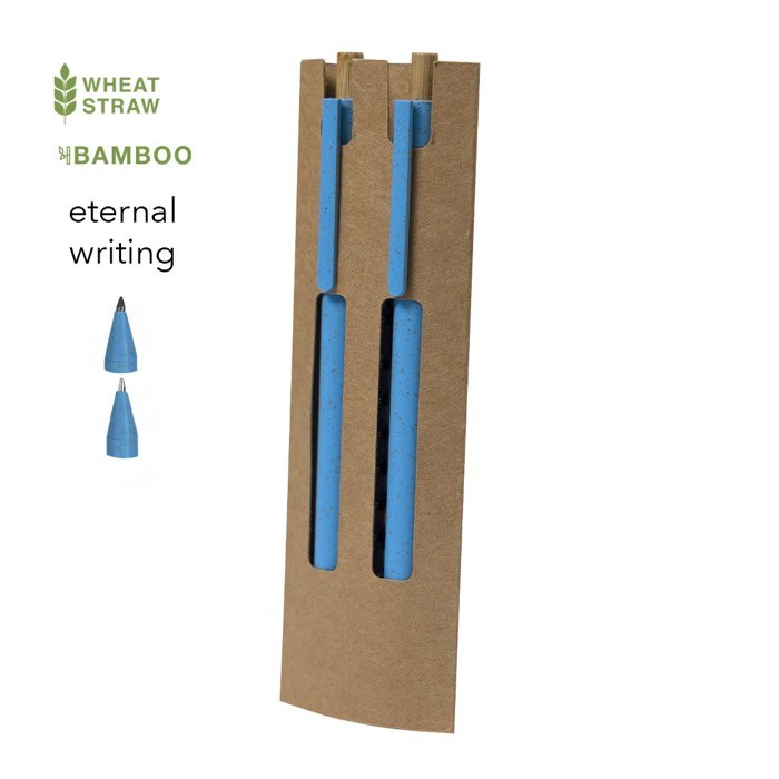 Set de bolígrafo tinta azul y lápiz infinito hechos de caña de trigo color azul Set de bolígrafo tinta azul y lápiz infinito hechos de caña de trigo color azul