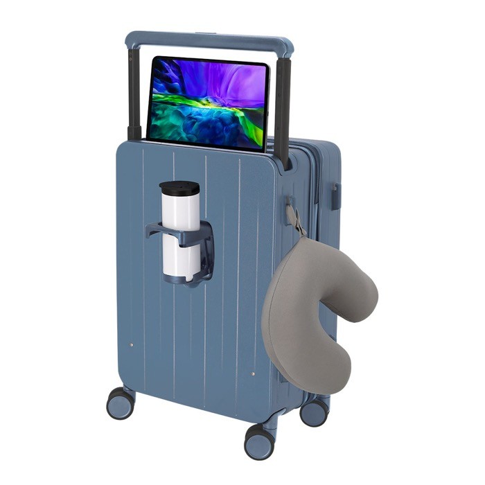 Trolley de cobertura rígida con posavasos y soporte para tablet color azul cuarta vista Trolley de cobertura rígida con posavasos y soporte para tablet color azul cuarta vista