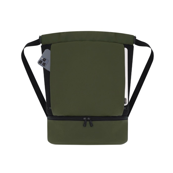 Mochila de cuerdas de PU con bolsillo en la base para zapatos color verde quinta vista Mochila de cuerdas de PU con bolsillo en la base para zapatos color verde quinta vista