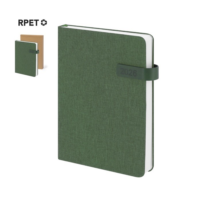 Agenda de RPET de tapa rígida con cierre magnético y vista diaria A5