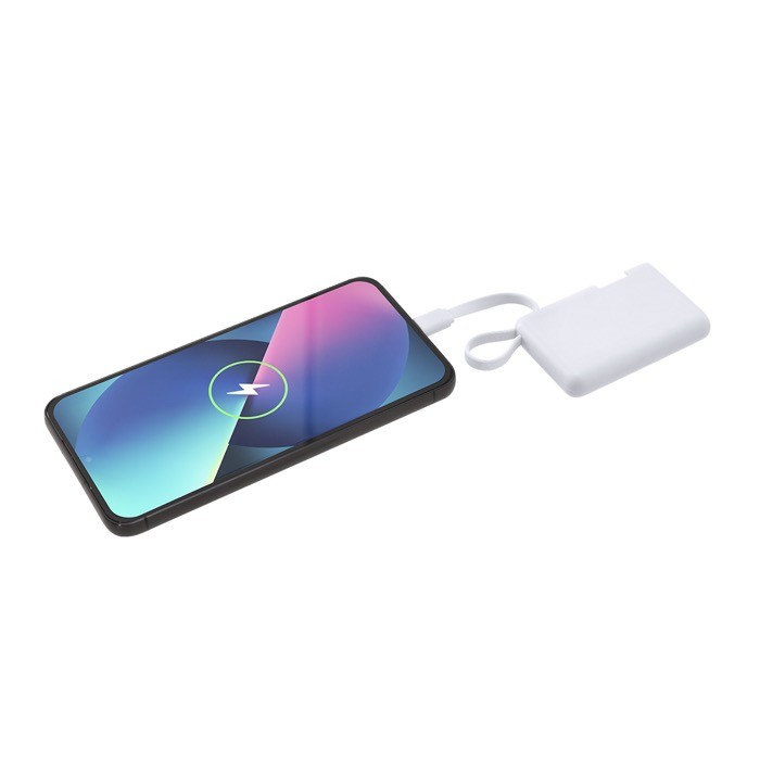 Batería externa portátil blanca de tamaño compacto 2.000 mAh cuarta vista Batería externa portátil blanca de tamaño compacto 2.000 mAh cuarta vista