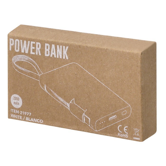 Batería externa portátil blanca de tamaño compacto 2.000 mAh vista con caja Batería externa portátil blanca de tamaño compacto 2.000 mAh vista con caja