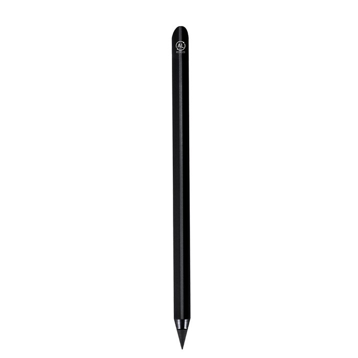 Lápiz eterno de aluminio reciclado con escritura infinita color negro primera vista Lápiz eterno de aluminio reciclado con escritura infinita color negro primera vista