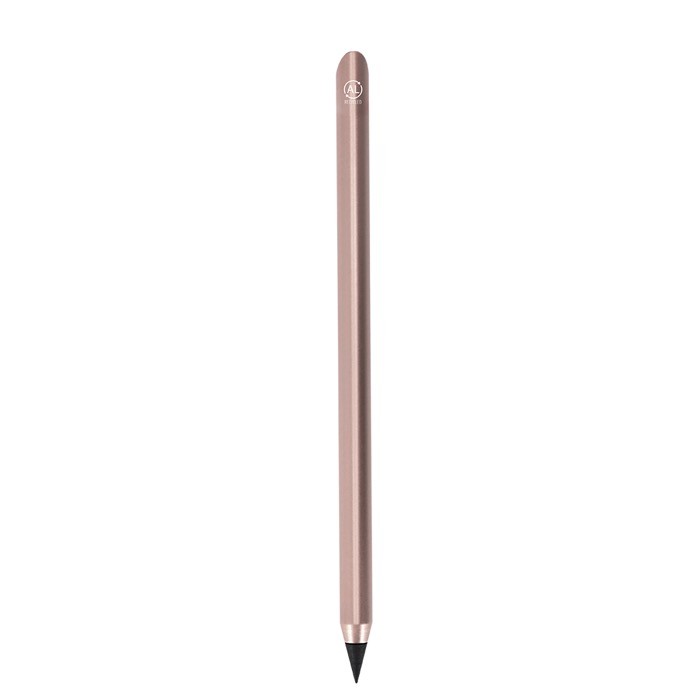 Lápiz eterno de aluminio reciclado con escritura infinita color rosa primera vista Lápiz eterno de aluminio reciclado con escritura infinita color rosa primera vista
