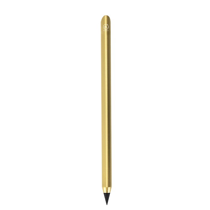 Lápiz eterno de aluminio reciclado con escritura infinita color dorado primera vista Lápiz eterno de aluminio reciclado con escritura infinita color dorado primera vista