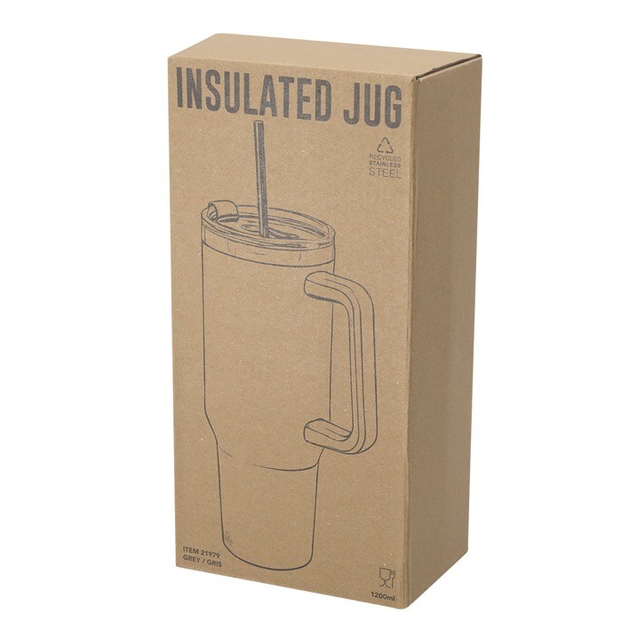 Botella de acero inoxidable reciclado con pajita y orificio 1.2L vista con caja Botella de acero inoxidable reciclado con pajita y orificio 1.2L vista con caja