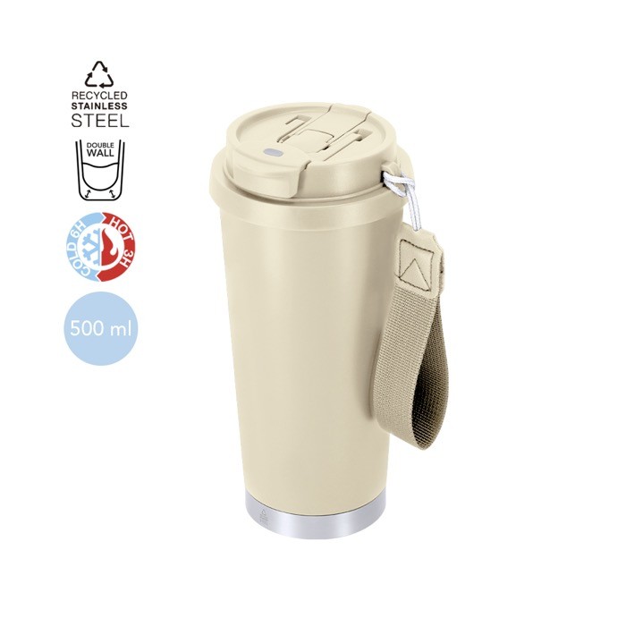 Vaso take away de acero inox reciclado con cinta de transporte 500ml