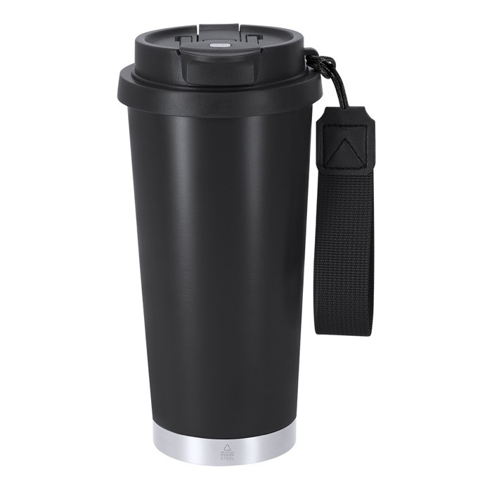 Vaso take away de acero inox reciclado con cinta de transporte 500ml color negro primera vista