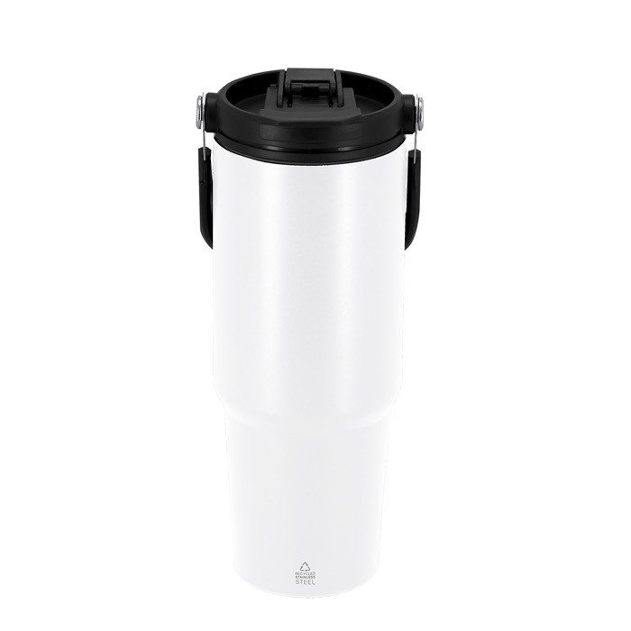 Botella de acero inox reciclado con asa de transporte a juego 900ml color blanco primera vista Botella de acero inox reciclado con asa de transporte a juego 900ml color blanco primera vista