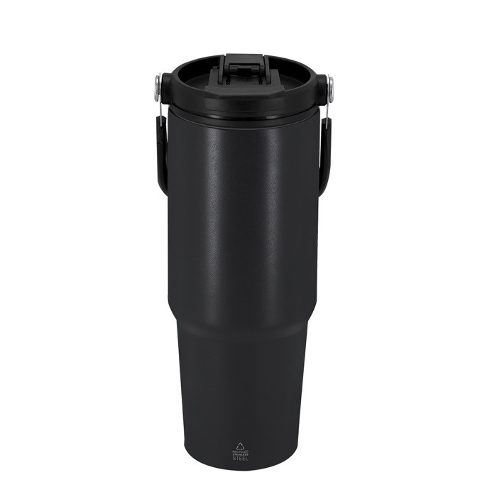 Botella de acero inox reciclado con asa de transporte a juego 900ml color negro primera vista Botella de acero inox reciclado con asa de transporte a juego 900ml color negro primera vista