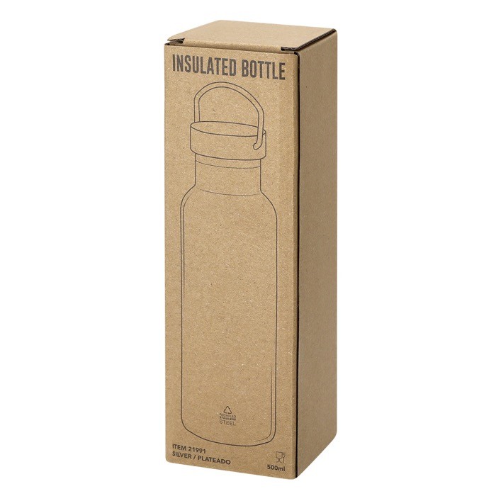 Botella térmica de acero inoxidable con asa de transporte 500ml vista con caja Botella térmica de acero inoxidable con asa de transporte 500ml vista con caja