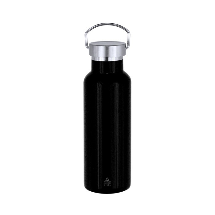 Botella térmica de acero inoxidable con asa de transporte 500ml color negro primera vista Botella térmica de acero inoxidable con asa de transporte 500ml color negro primera vista