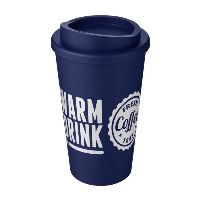 Vaso de café para llevar de plástico color azul oscuro vista con logo