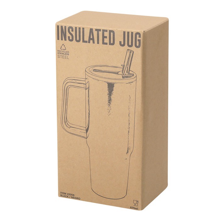 Botella térmica de acero inoxidable con asa de transporte 870ml vista con caja Botella térmica de acero inoxidable con asa de transporte 870ml vista con caja