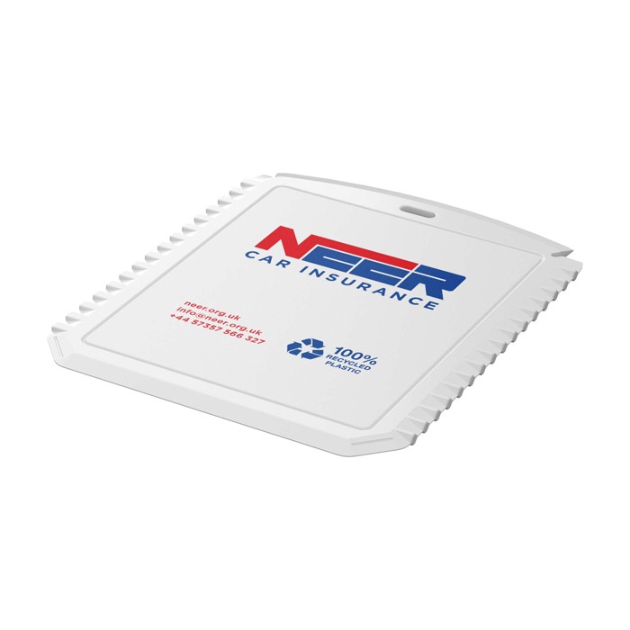 Raspador de hielo con forma rectangular de plástico reciclado color blanco vista impresión tampografía Raspador de hielo con forma rectangular de plástico reciclado color blanco vista impresión tampografía