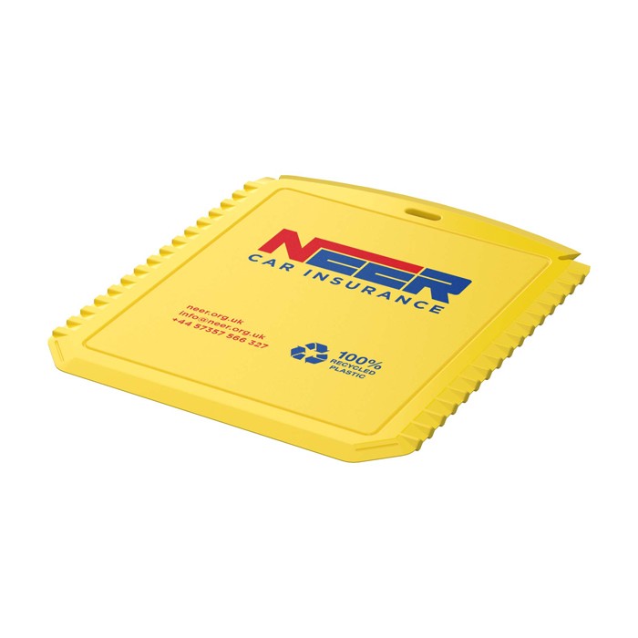 Raspador de hielo con forma rectangular de plástico reciclado color amarillo vista impresión tampografía Raspador de hielo con forma rectangular de plástico reciclado color amarillo vista impresión tampografía