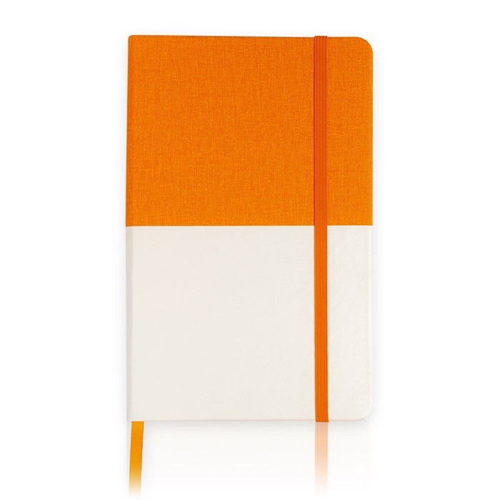 Libreta de cuero sintético bicolor con cinta A5 hojas lisas color naranja vista 1 Libreta de cuero sintético bicolor con cinta A5 hojas lisas color naranja vista 1