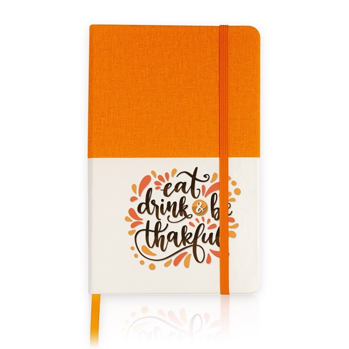Libreta de cuero sintético bicolor con cinta A5 hojas lisas color naranja vista 1 Libreta de cuero sintético bicolor con cinta A5 hojas lisas color naranja vista 1