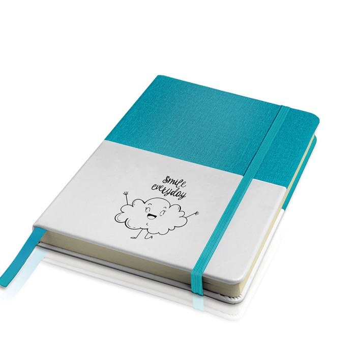 Libreta de cuero sintético bicolor con cinta A5 hojas lisas color turquesa vista con logo impreso Libreta de cuero sintético bicolor con cinta A5 hojas lisas color turquesa vista con logo impreso
