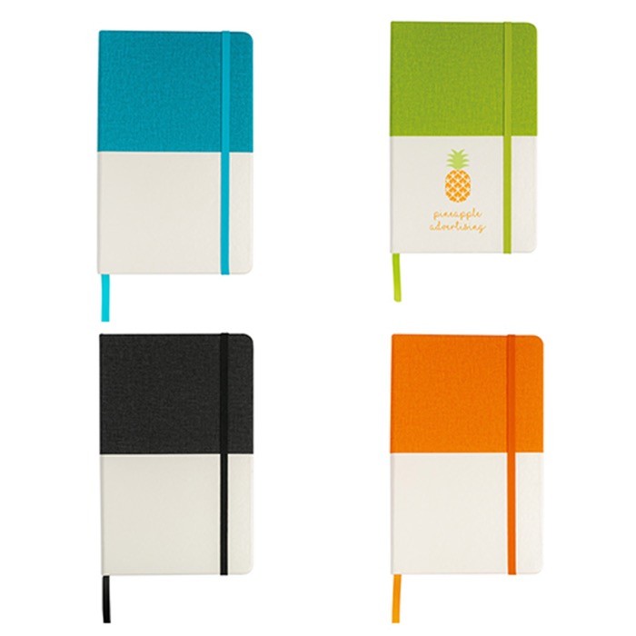 Libreta de cuero sintético bicolor con cinta A5 hojas lisas vista con varios colores Libreta de cuero sintético bicolor con cinta A5 hojas lisas vista con varios colores