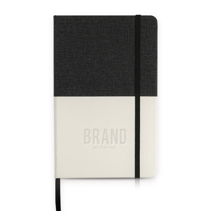 Libreta de cuero sintético bicolor con cinta A5 hojas lisas vista con logo impreso Libreta de cuero sintético bicolor con cinta A5 hojas lisas vista con logo impreso