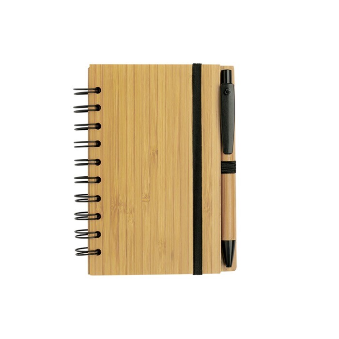 Bloc de notas de bambú con anillas y bolígrafo A6 hojas a rayas color marrón claro