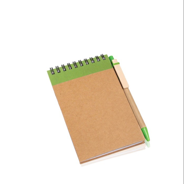 Bloc de notas de cartón con anillas y bolígrafo A6 hojas lisas color verde oliva