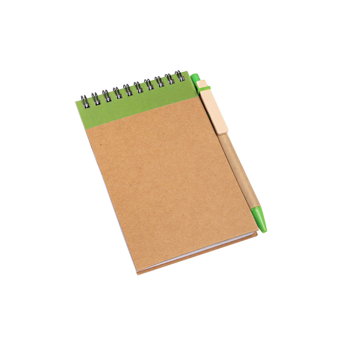Bloc de notas de cartón con anillas y bolígrafo A6 hojas lisas color verde oliva
