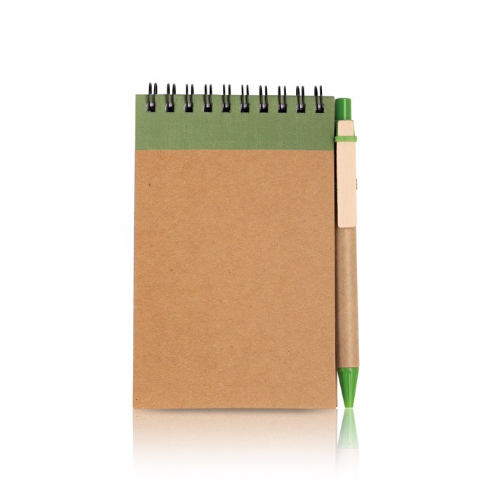 Bloc de notas de cartón con anillas y bolígrafo A6 hojas lisas color verde oliva