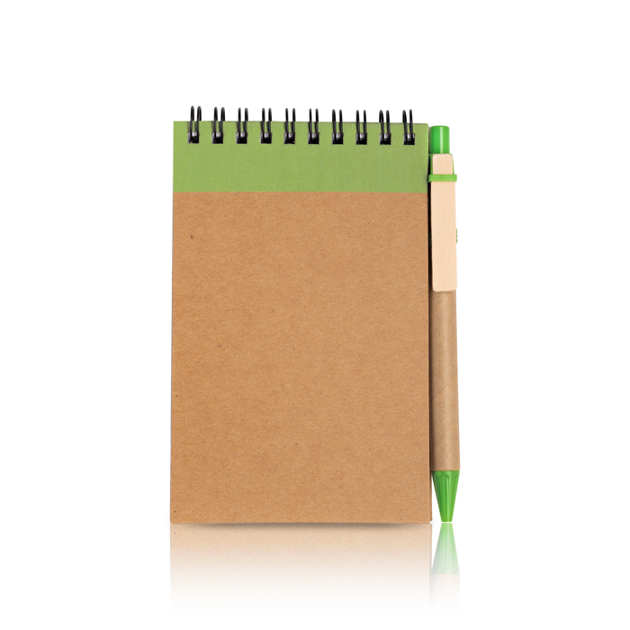 Bloc de notas de cartón con anillas y bolígrafo A6 hojas lisas color verde oliva