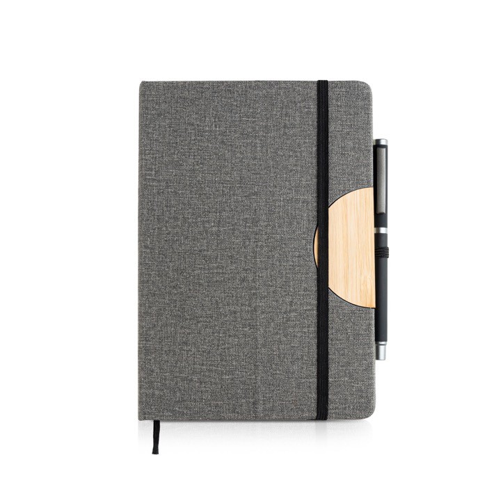 Libreta de lino con soporte para móvil con cinta A5 hojas lisas color gris oscuro vista 1 Libreta de lino con soporte para móvil con cinta A5 hojas lisas color gris oscuro vista 1