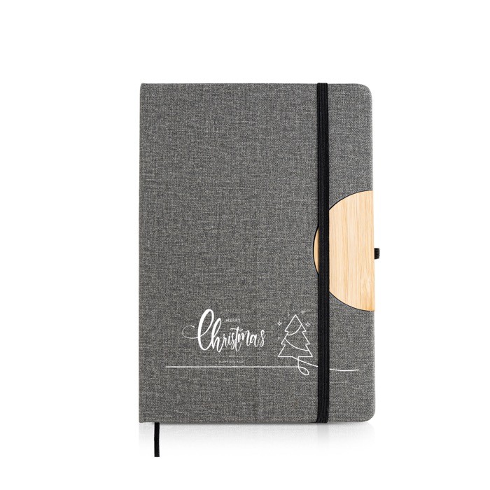 Libreta de lino con soporte para móvil con cinta A5 hojas lisas color gris oscuro vista con logo impreso Libreta de lino con soporte para móvil con cinta A5 hojas lisas color gris oscuro vista con logo impreso