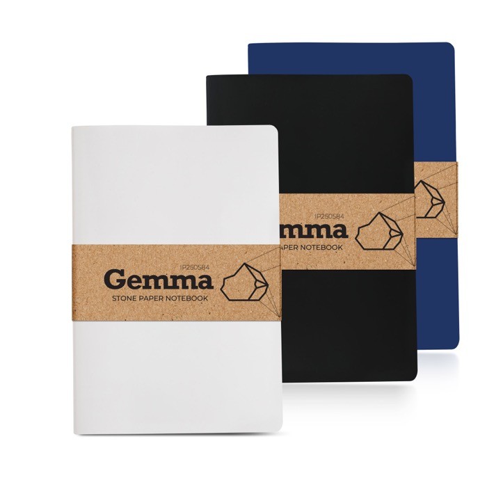 Libreta sostenible hecha de papel piedra A5 hojas lisas vista con varios colores