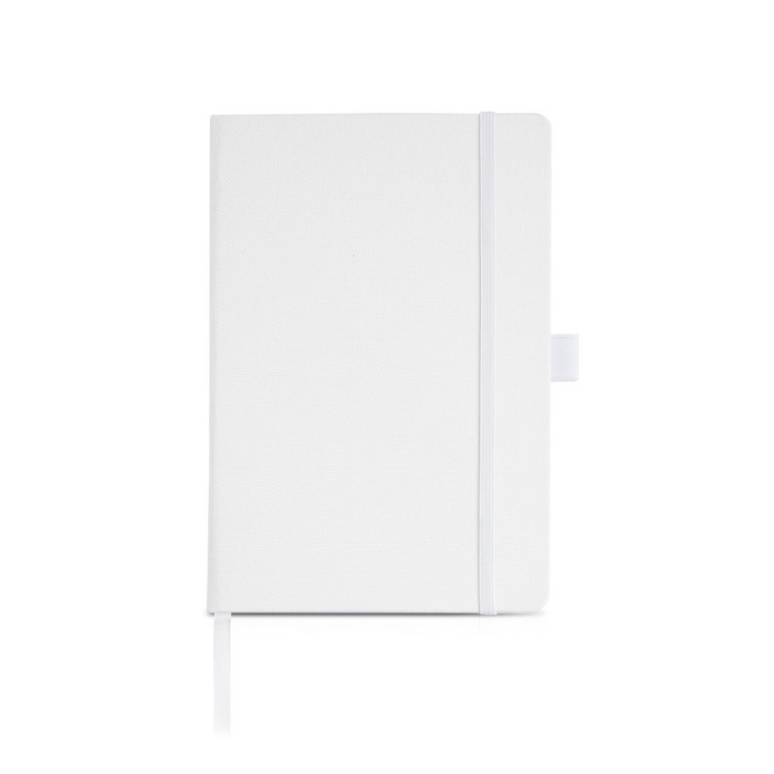 Libreta de RPET con cinta y soporte para boli A5 hojas lisas color blanco Libreta de RPET con cinta y soporte para boli A5 hojas lisas color blanco