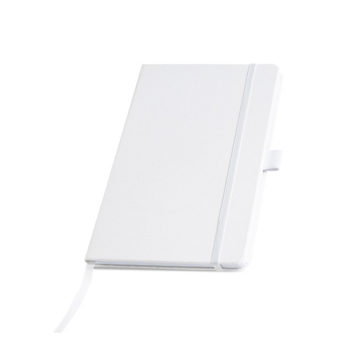 Libreta de RPET con cinta y soporte para boli A5 hojas lisas color blanco vista 1 Libreta de RPET con cinta y soporte para boli A5 hojas lisas color blanco vista 1
