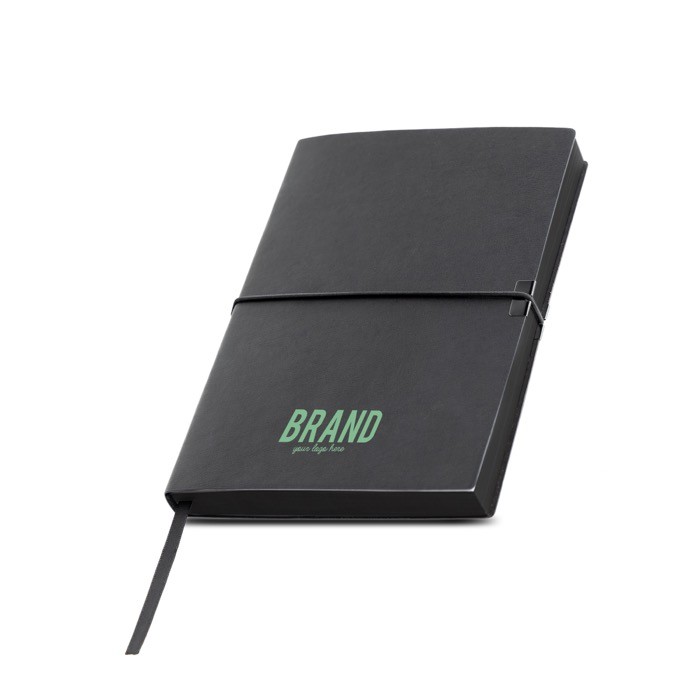 Bloc de cuero sintético con elástico horizontal A5 hojas a rayas vista con logo impreso