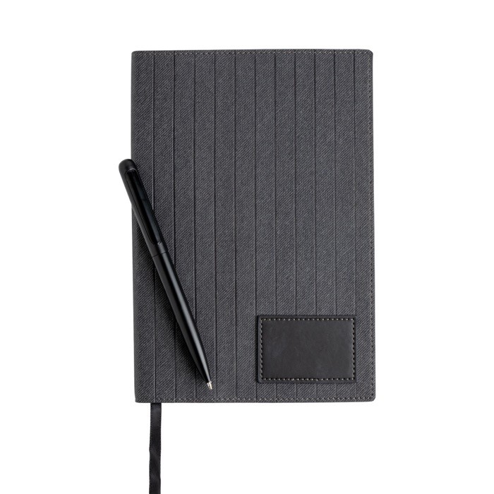 Cuaderno de cuero sintético y bolígrafo metálico A5 hojas lisas color negro vista 2