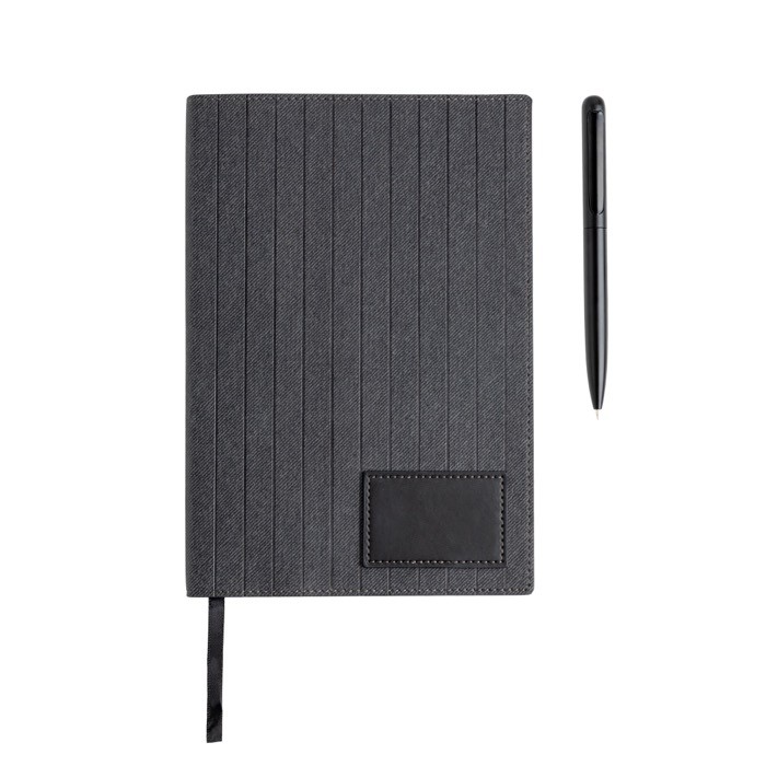 Cuaderno de cuero sintético y bolígrafo metálico A5 hojas lisas color negro vista 3