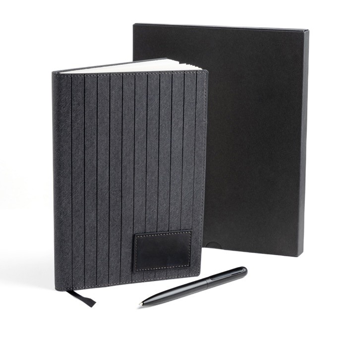 Cuaderno de cuero sintético y bolígrafo metálico A5 hojas lisas