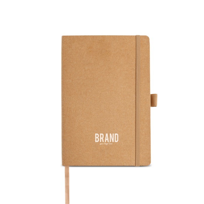 Libreta con tapa de papel resistente al agua A5 hojas lisas color natural vista con logo impreso