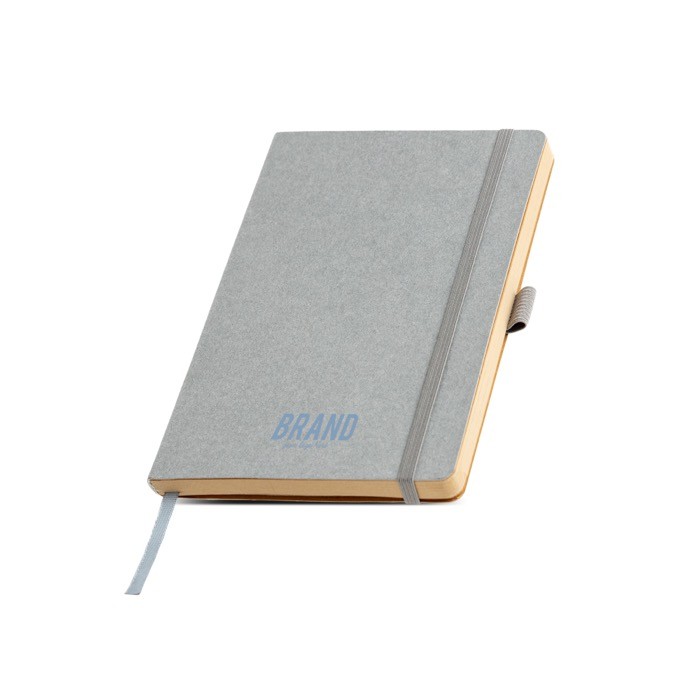 Libreta con tapa de papel resistente al agua A5 hojas lisas color gris claro vista con logo impreso